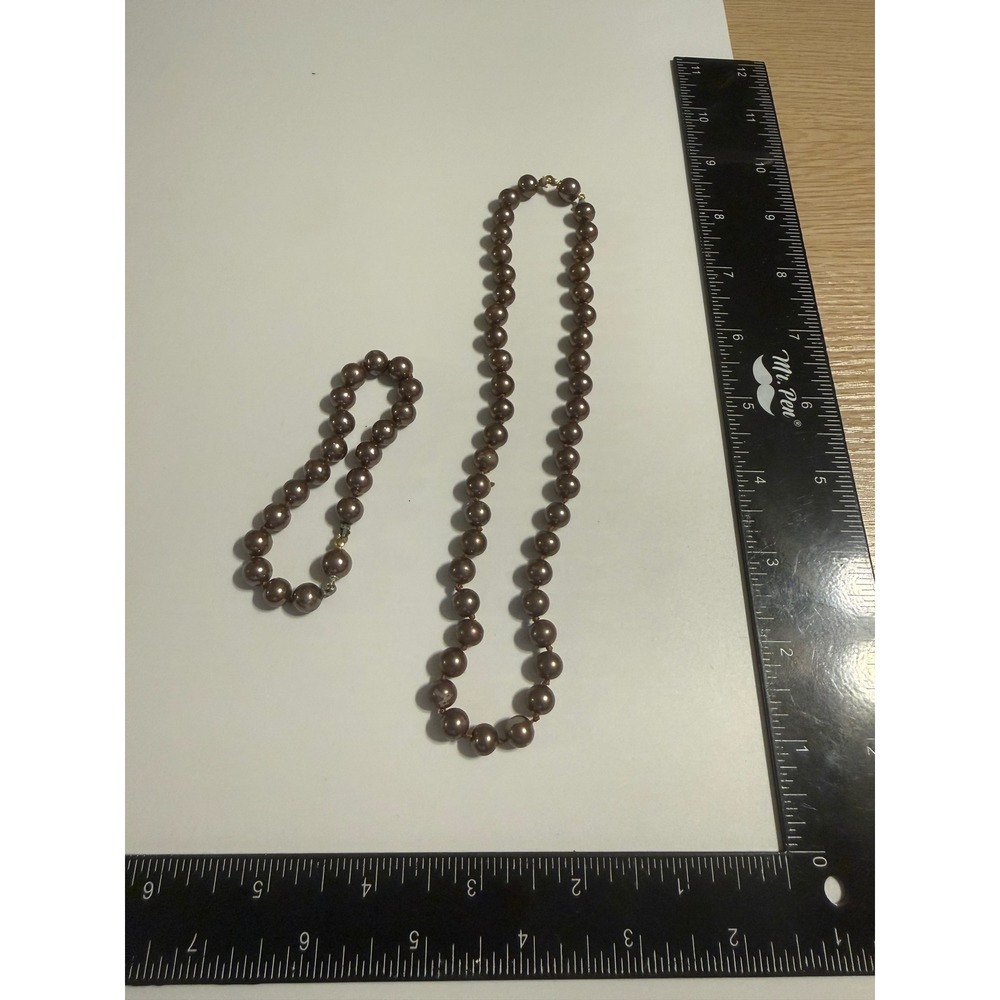 Vintage‎ Chocolate Brown Faux Pearl Necklace and Bracelet Set Knotted Bronze 8mm